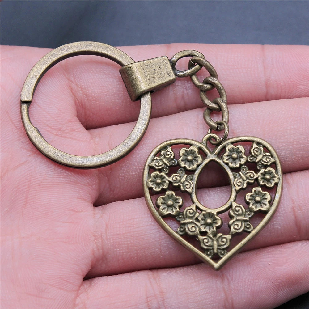 New Fashion Men 30mm Metal Alloy Keychain with Vintage Heart, Flower, Rose, Sunflower & Tree Pendant DIY Keyring Holder Chain Accessory