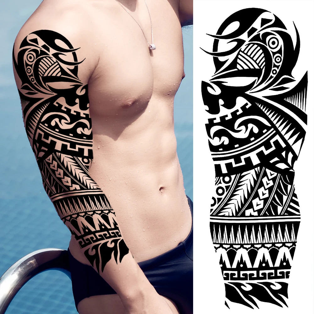 Full Arm Temporary Tattoo Sleeve - Realistic Warrior Lion Tiger Flower & Maori Design Fake Tattoos