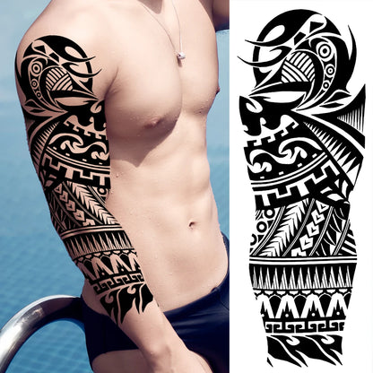 Full Arm Temporary Tattoo Sleeve - Realistic Warrior Lion Tiger Flower & Maori Design Fake Tattoos