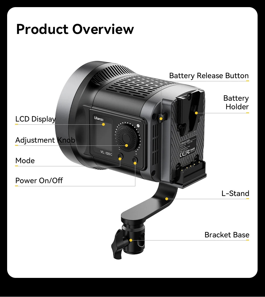 Ulanzi VL-120Bi VL-120C 120W V-Mount COB Light – Wireless APP Control, 2700K-6500K Video Light for Skit Video Photography