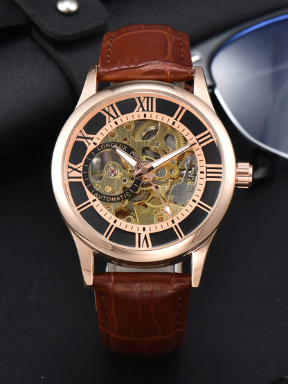 LONGLUX Rome Automatic Mechanical Waterproof Men’s Watch – Hollow Dial Leather Wristwatch Gift