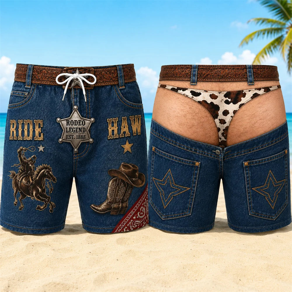 Retro 3D Cowboy Beach Shorts - Men's Quick-Dry Breathable Drawstring Board Shorts