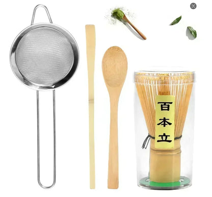 4-Piece Matcha Whisk Set - Handmade Bamboo Tea Whisk, Scoop, Strainer & Storage Holder