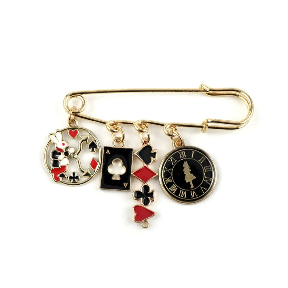 Alice in Wonderland Brooch - Cute Enamel Rabbit, Clock and Poker Shape Pins for Bags, Hats and Clothing