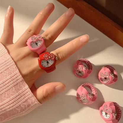 Kawaii Sanrio Hello Kitty Watch Ring - Cute KT Cat Bow Rhinestone Clock Ring Watches for Girls - Kids' Jewelry and Toy Gifts