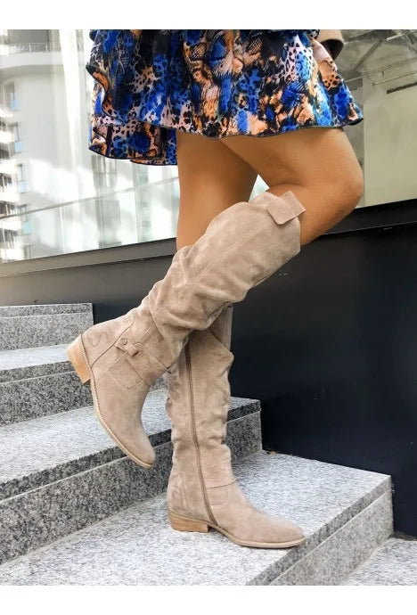 Women’s Thigh-High Suede Boots – Low Heel Side-Zip Knee-High Booties, Retro Autumn Winter Size 43