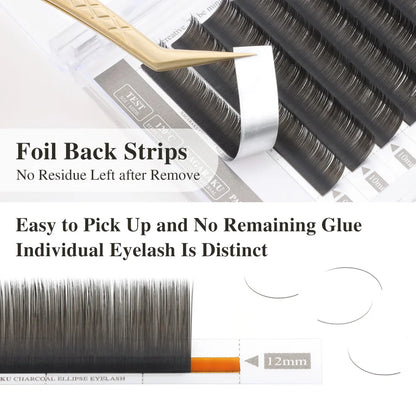 NAGARAKU Flat Ellipse Eyelash Extensions – L Curl Matte Charcoal Split Tip Lashes 0.15/0.20 Super Soft Natural Look