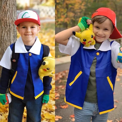 Cartoon Anime Ash Ketchum Trainer Blue Jacket Costume with Hat & Gloves for Kids Pokémon Go Cosplay Party