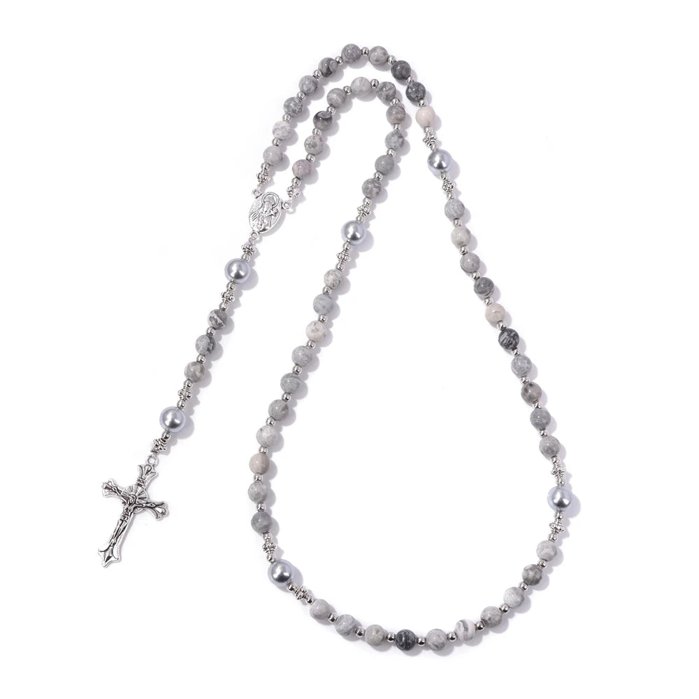 6mm Tiger Eye Rosary Beads Necklace – Catholic Jesus & Virgin Mary Pendant Long Knotted Chain Religious Jewelry for Men & Women