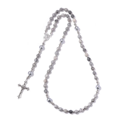 6mm Tiger Eye Rosary Beads Necklace – Catholic Jesus & Virgin Mary Pendant Long Knotted Chain Religious Jewelry for Men & Women