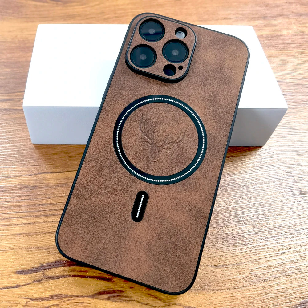 Luxury PU Leather Deer Case for iPhone 18 17 Air 16 15 14 13 12 11 Pro Max Plus 16E 18 Pro - MagSafe Wireless Charging Protective Back Cover