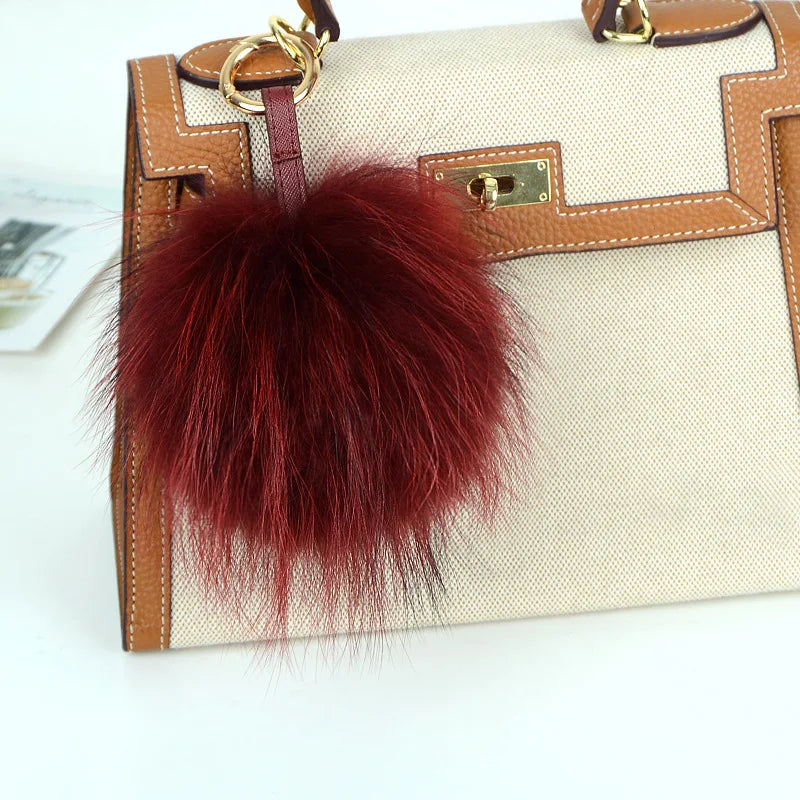Luxury 15cm Fluffy Real Raccoon Fur Pom Pom Keychain – High-Quality Metal Ring Pendant for Women