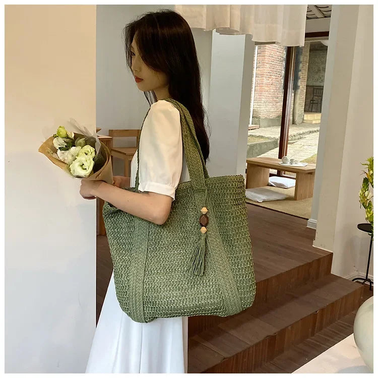Elegant Straw Woven Handbag – Women’s Retro Beach & Casual Tote Top-Handle Shoulder Bag 2024