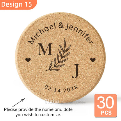 30-Piece Personalized Cork Coaster Set - Custom Tie Design Wedding Favors, Bridal Shower Gifts and Corporate Party Keepsakes