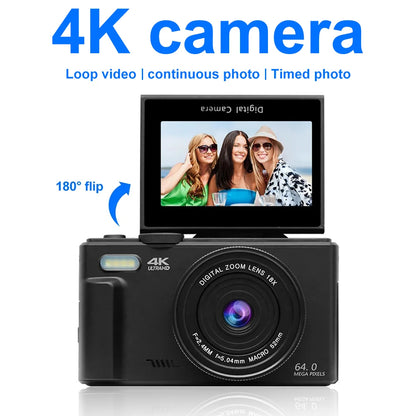 4K Digital Camera – 64MP Compact Photography & Vlogging Camera with 18X Digital Zoom, 3'' 180° Flip Screen & Flash