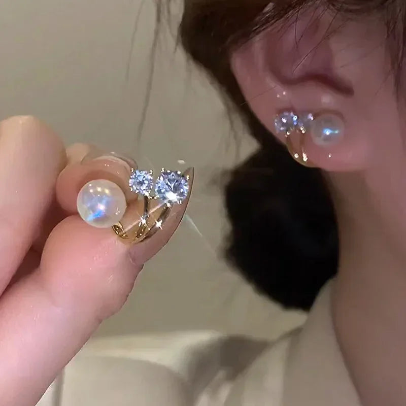 Korean Vintage Pearl & Crystal Earrings for Women — Luxury Zircon Flower, Butterfly & Leaf Stud Jewelry