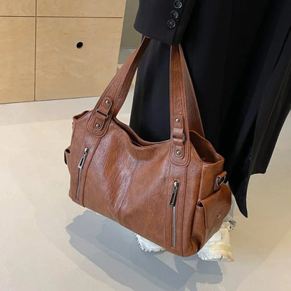 Women's PU Handbag - Soft Interior Compartment Shoulder Bag with Zipper & Contrasting Color Design