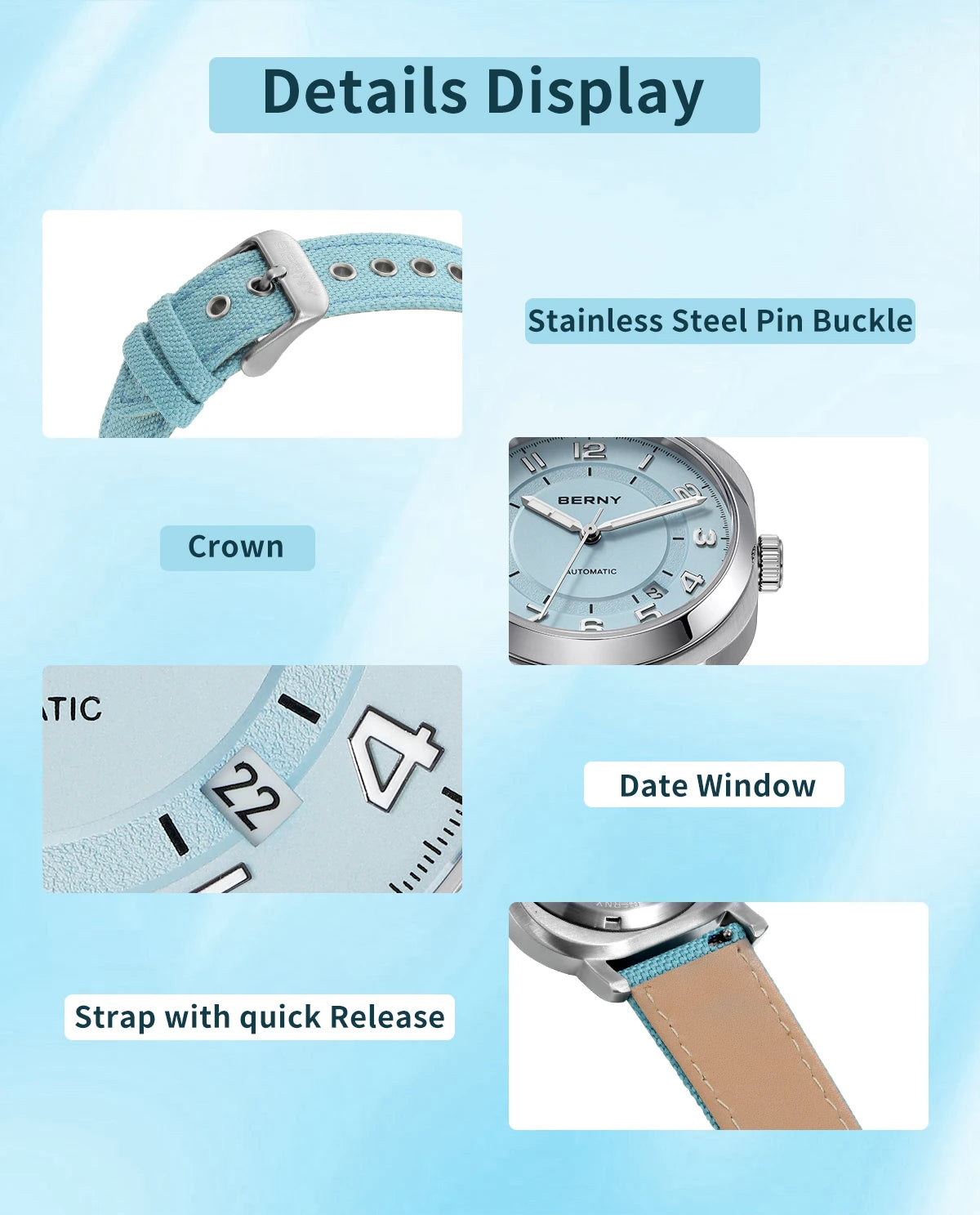 BERNY Women’s Mechanical Watch — Self-Wind Pillow Cushion Design with Sapphire Crystal, Super Luminous Display, Canvas Strap, and Calendar Function