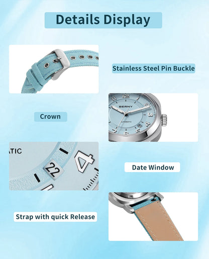 BERNY Women’s Mechanical Watch — Self-Wind Pillow Cushion Design with Sapphire Crystal, Super Luminous Display, Canvas Strap, and Calendar Function