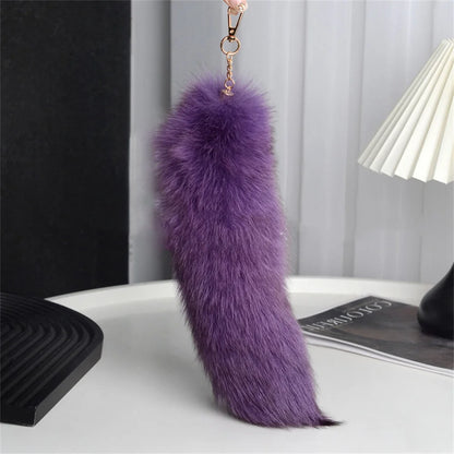 Natural Fox Fur Tail Keychain – 40cm Furry Racoon Bag Charm & Fluffy Keyring Accessory for Women
