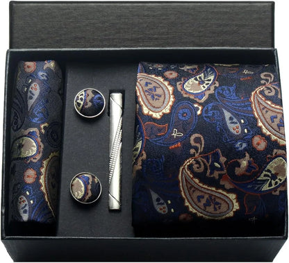 100% Silk Men’s Necktie Set with Paisley Floral Design, Business Tie with Pocket Square, Tie Clip & Cufflinks Gift Box Set for Men