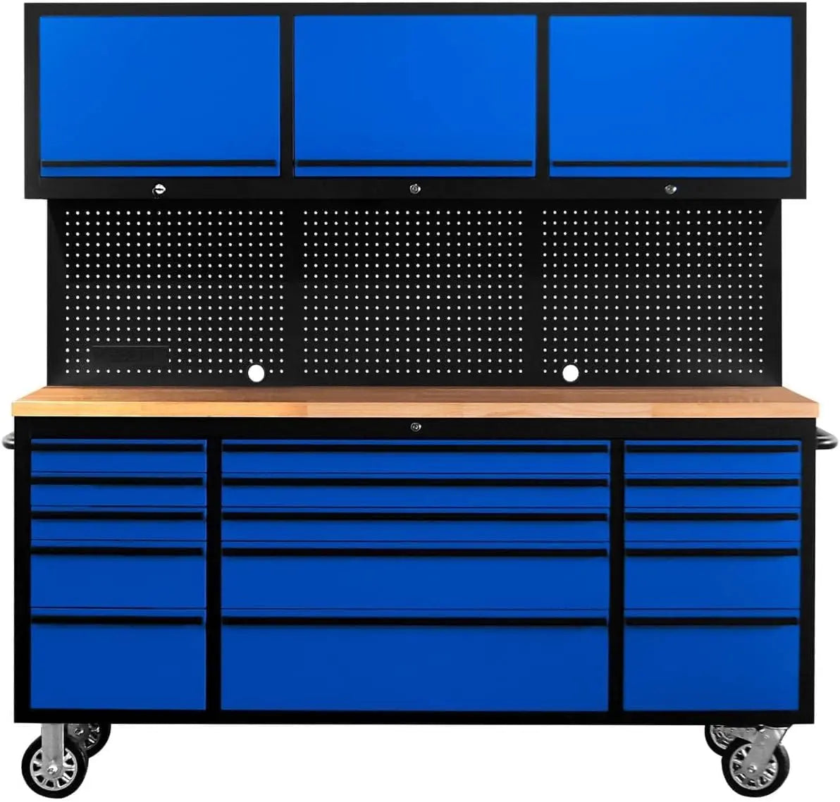 72-Inch Tool Chest Tool Box with 15 Drawers & 3 Upper Cabinets - Mobile Rolling Cabinet with Wheels, SS Pegboard, Locking Key Storage