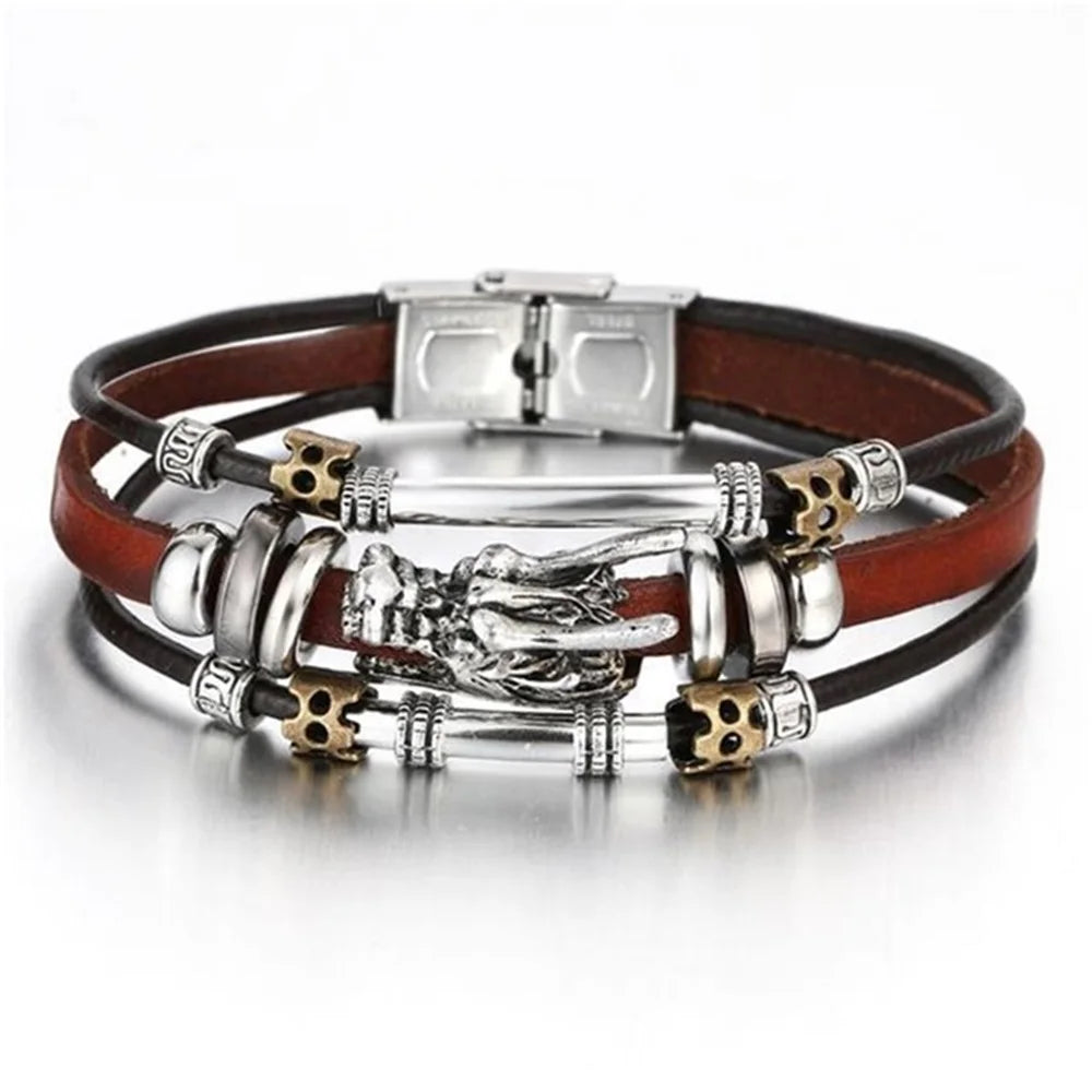 Vintage Gothic Punk Moon & Star Metal Bracelet - Multilayer Leather Bangle for Men, Leaf & Sun Arm Jewelry
