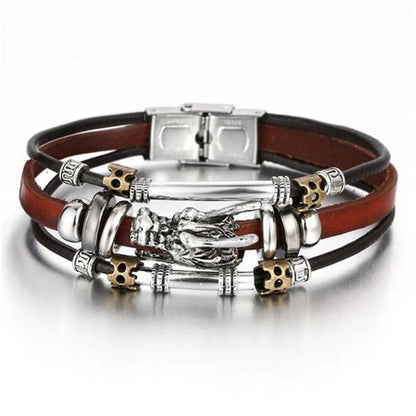 Vintage Gothic Punk Moon & Star Metal Bracelet - Multilayer Leather Bangle for Men, Leaf & Sun Arm Jewelry