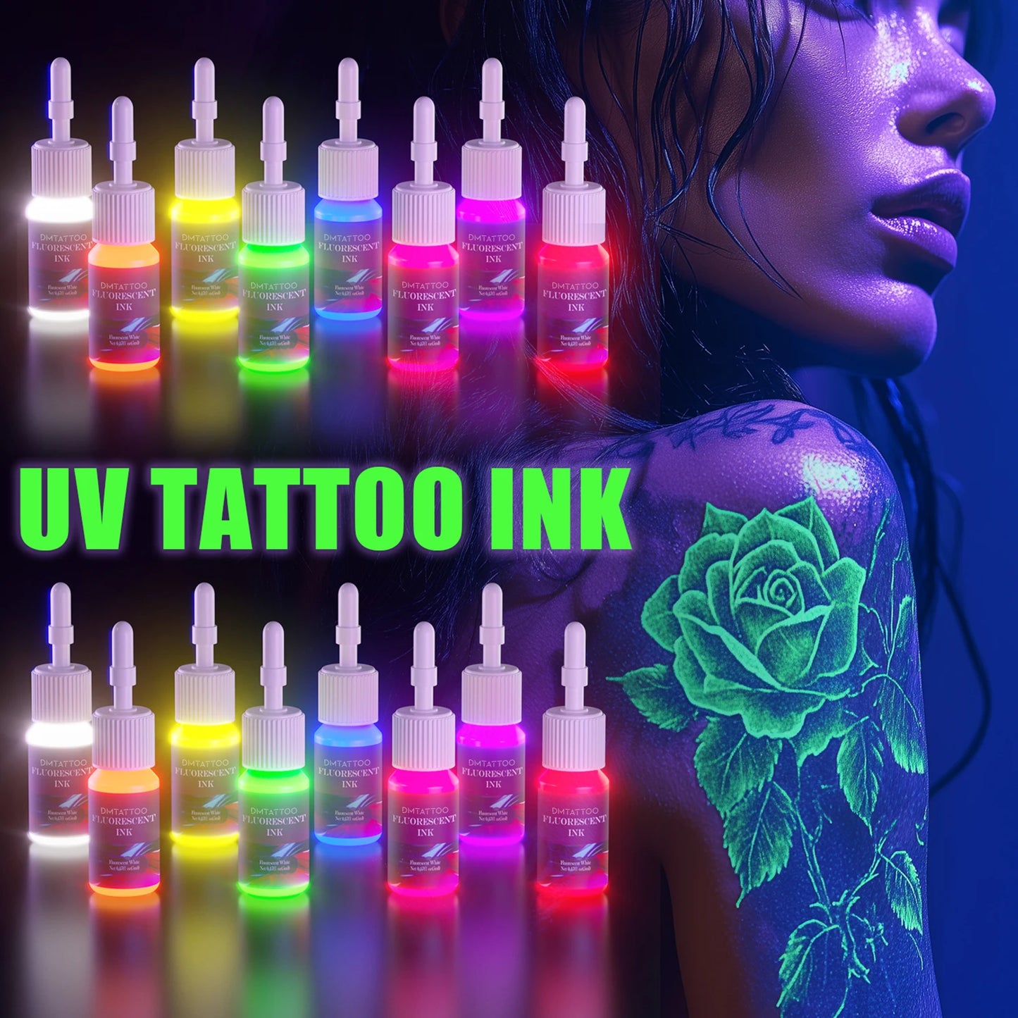 DM 8PCS 5ml Fluorescent Tattoo Ink Set – Professional Glow Tattoo Pigments for Body Art Painting & Tattoo Supplies Kit