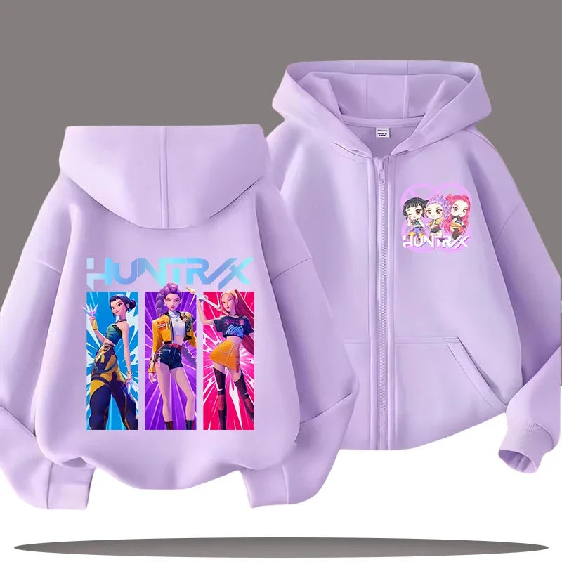 Funny Kpop Demon Hunters Zip-Up Sweatshirt – Kids Hoodie for Girls & Boys, Casual Zipper Hoody Top