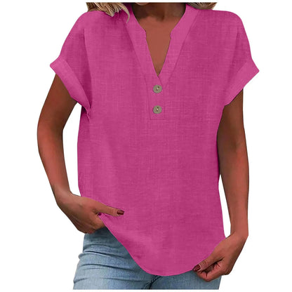 Women’s Summer Cotton Linen V-Neck Button Down Shirt – Breathable Casual Office Top in Solid Colors