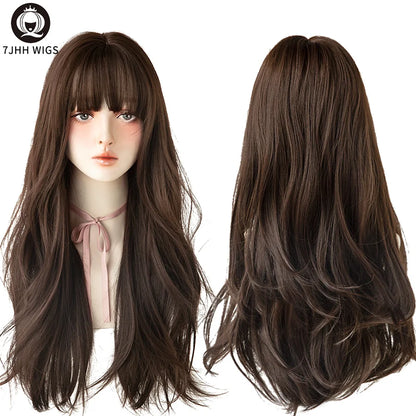 7JHH Brown Ash Long Deep Wave Lolita Wig for Women — Synthetic Hair with Bangs, Thick Curly Fashion Wig