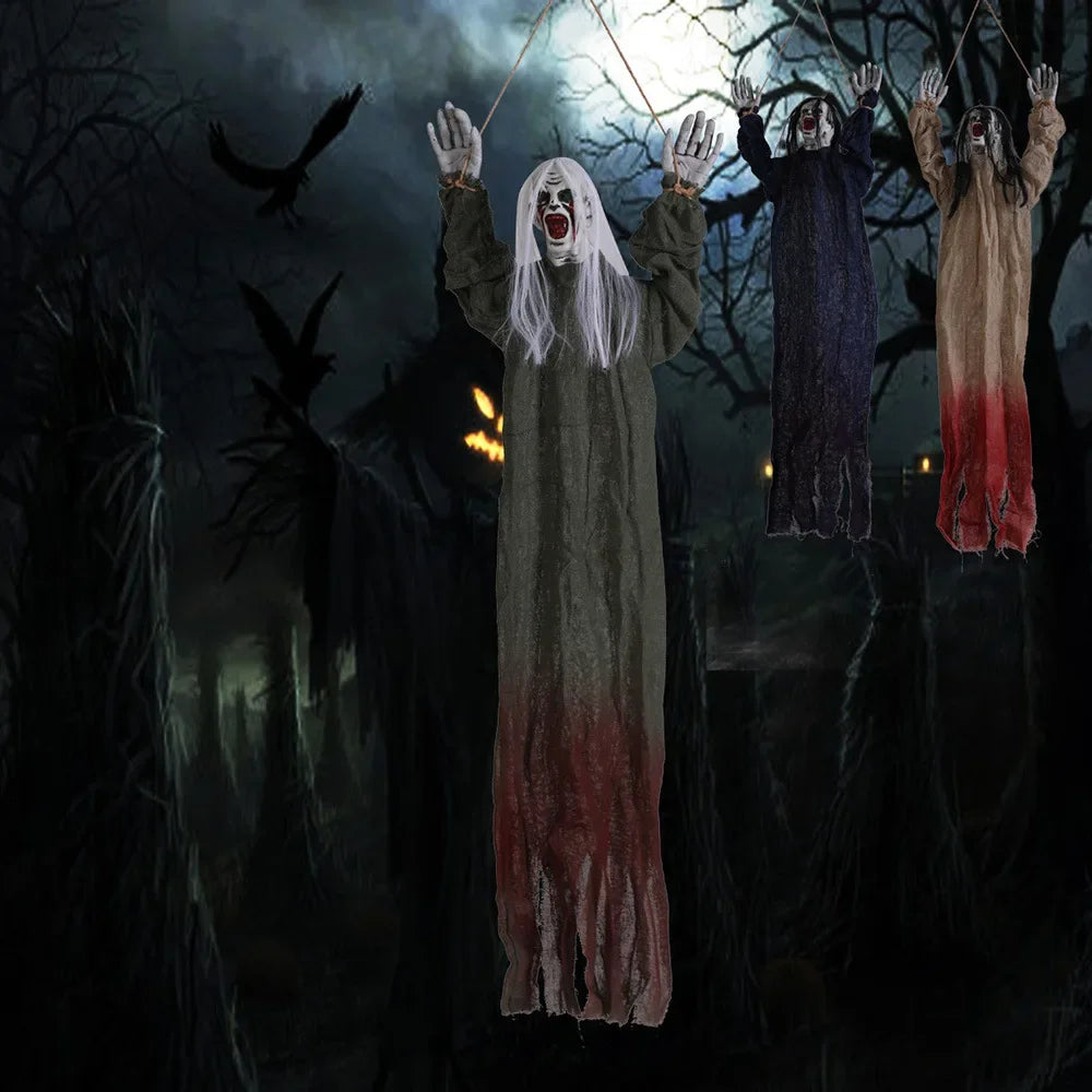 Halloween Hanging Ghost Decoration — Movable Skeleton Horror Prop with Long Hair for Haunted House and Bar 2025