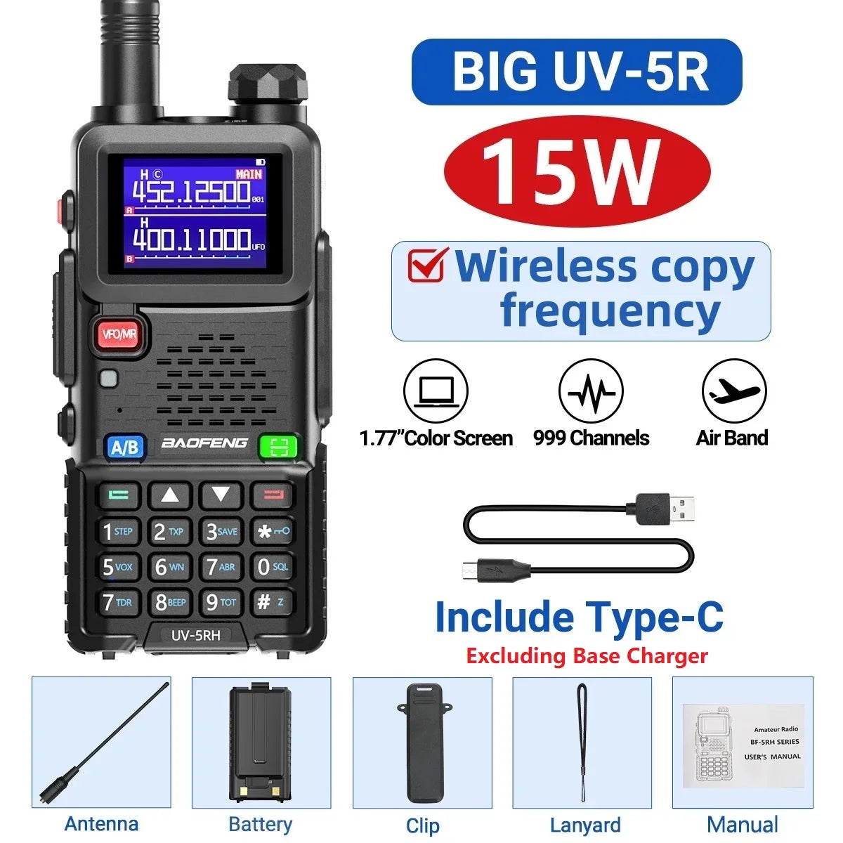 Baofeng UV-5RH 10W Air Band Walkie Talkie, Long Range Wireless Two-Way Ham Radio, Type-C UV-5R Transceiver