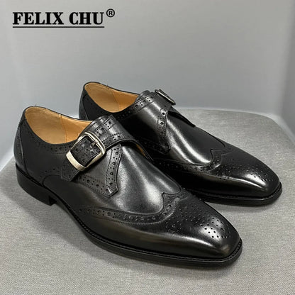 Men’s Luxury Genuine Leather Wingtip Oxfords - Italian Monk Strap Buckle Brogue Shoes for Business & Wedding Formal Wear