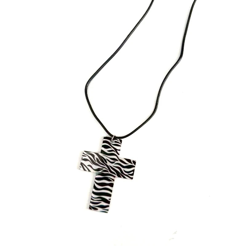 Y2K Leopard Zebra Cross Necklace - Kawaii Goth Punk Acrylic Jewelry for Women