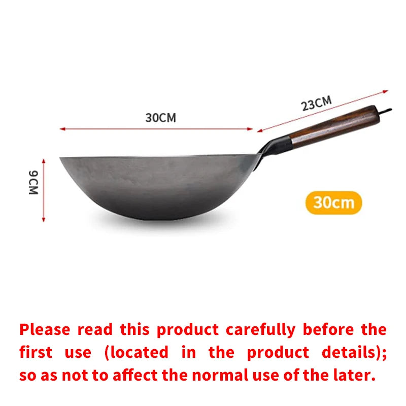 30cm Traditional Hand-Forged Iron Frying Pan, Non-Coated with Wooden Handle, Old-Style Household Cookware