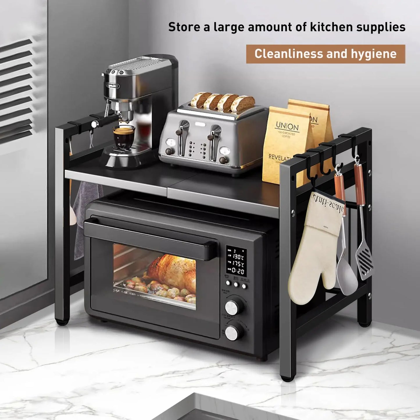 Expandable 42-64cm Microwave Shelf Organizer - Moisture & Rust Proof Countertop Organizer for Tableware Storage