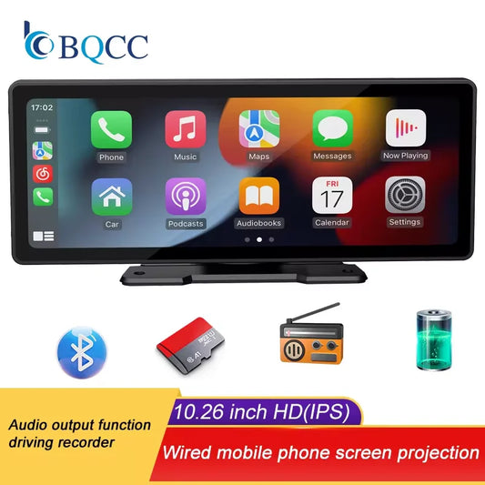 BQCC 10.26-Inch Portable Wireless CarPlay Screen – HD Rearview Camera, Car Radio DVR, MP5 Multimedia Player, Android Auto