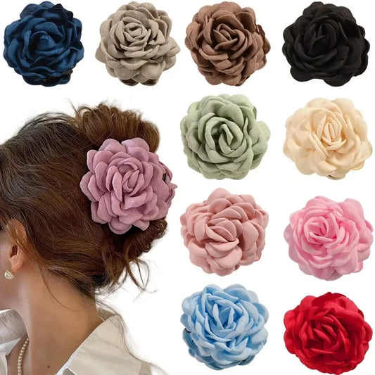 16 Colors Cotton Fabric Rose Flower Hair Claw Clips for Women – Medium Size Sweat-Resistant Korean Shark Clamp Hair Accessories 2024 Fashion