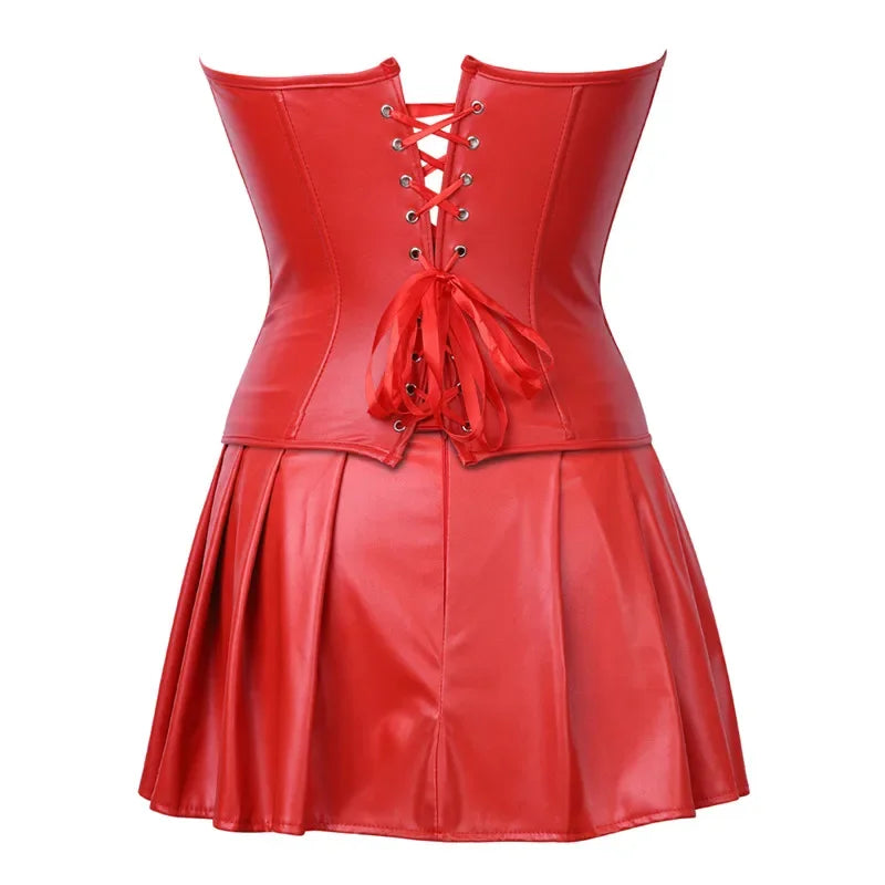 Gothic Leather Corset Dress - Overbust Bustier with Front Zipper, Lace-Up Back & Steampunk Style