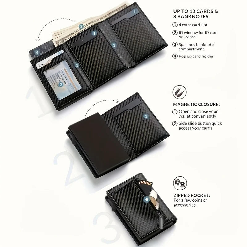 Men’s Minimalist RFID Wallet — Zipper Coin Purse & Pop-Up Metal Card Holder