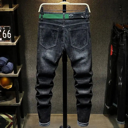 Luxury Korean Streetwear Slim Fit Denim Jeans – Punk Style with 3D Embroidery for Spring & Autumn