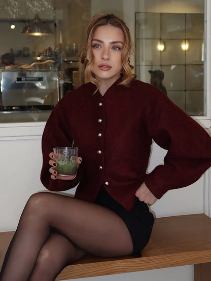 2025 Women's Burgundy Red O-Neck Woolen Coat – Casual Single-Breasted, Long Sleeve Short Jacket for Spring
