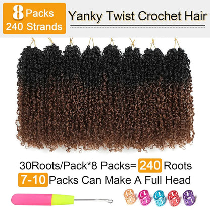 8" Yanky Twist Crochet Hair – Pre-Looped Ombre Brown Synthetic with Curly Ends, Yank Twist for Black Women