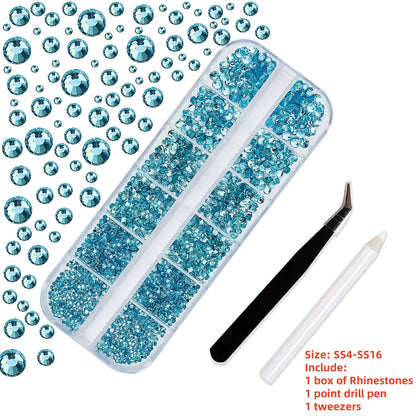 12-Grid 3D Glass AB Crystal Nail Art Rhinestones Kit – Flatback Round Beads with Tools for Nail Jewelry & Diamond Decoration