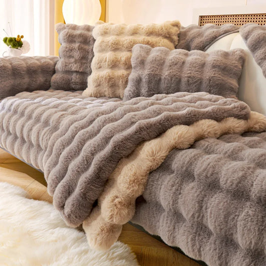 Thick Rabbit Fur Plush Sofa Slipcover - Non-Slip Soft Couch Cushion Cover for Modern Living Room Home Decor