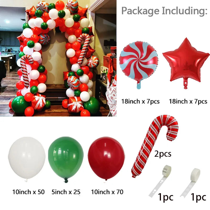 Christmas Balloon Garland Arch – Red & Green Balloons, Star, Santa, and Gift Box Foil Balloons for Xmas and New Year Decoration