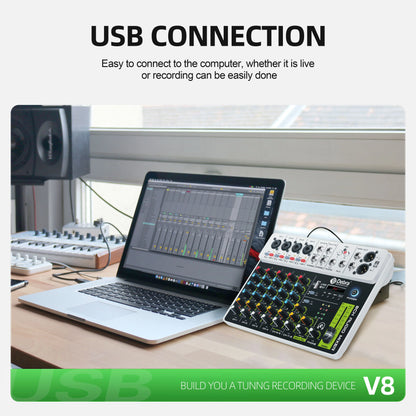 Debra V8 8-Channel Audio Mixer – Bluetooth & USB Mixer with 48V Phantom Power, Delay/Repeat Effects for PC Recording & Sound Console