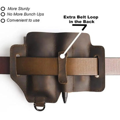 Men’s Leather EDC Belt Sheath Organizer – Pocket Multitool Pouch with Pen & Flashlight Holder